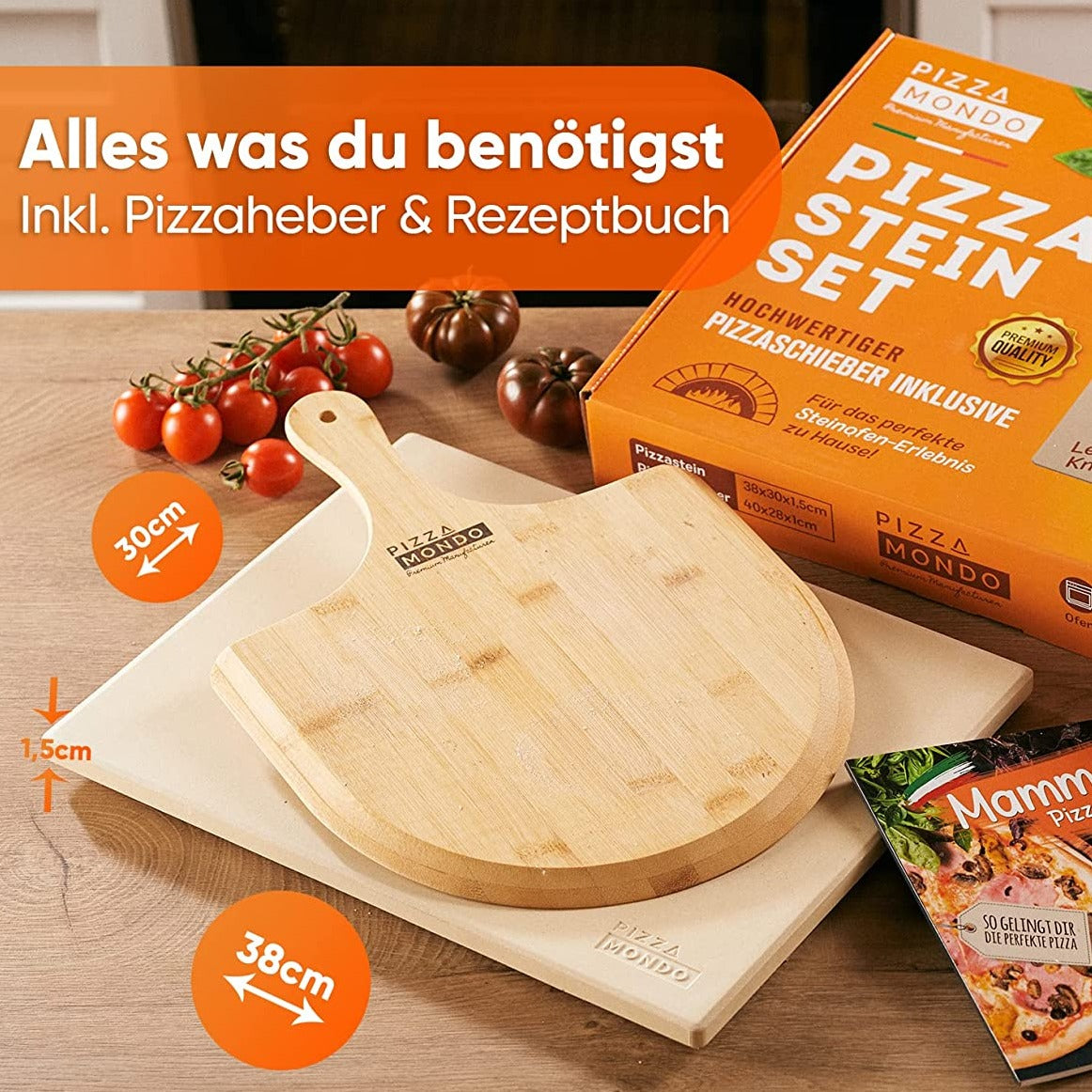 Pizzastein mit Pizzaschieber aus Bambus